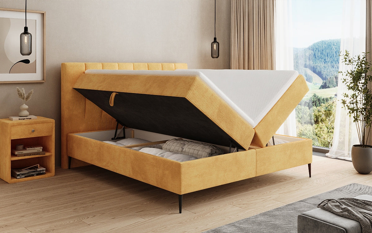 Lit boxspring Lucca en Côtelé avec rangement et pieds