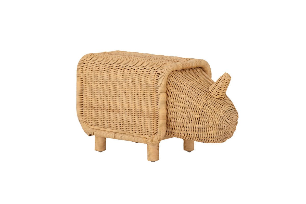 Tabouret de rangement pour enfants Dani - rhinocéros artisanal en rotin avec espace de rangement