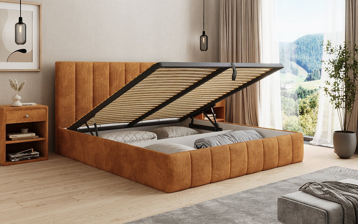Lit rembourré design Mila en Côtelé avec espace de rangement