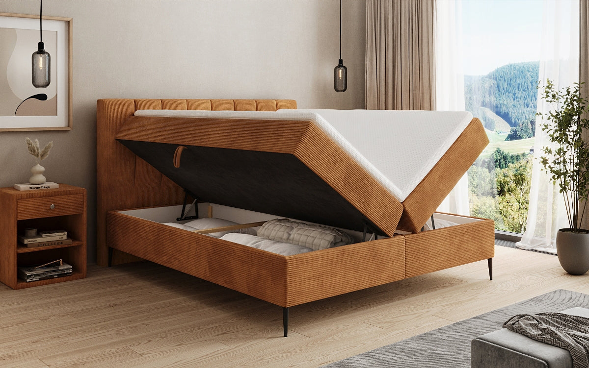 Lit boxspring Lucca en Côtelé avec rangement et pieds