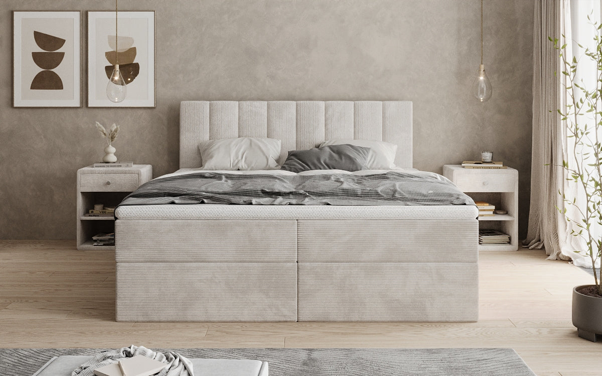 Lit boxspring Sofia en Côtelé avec espace de rangement