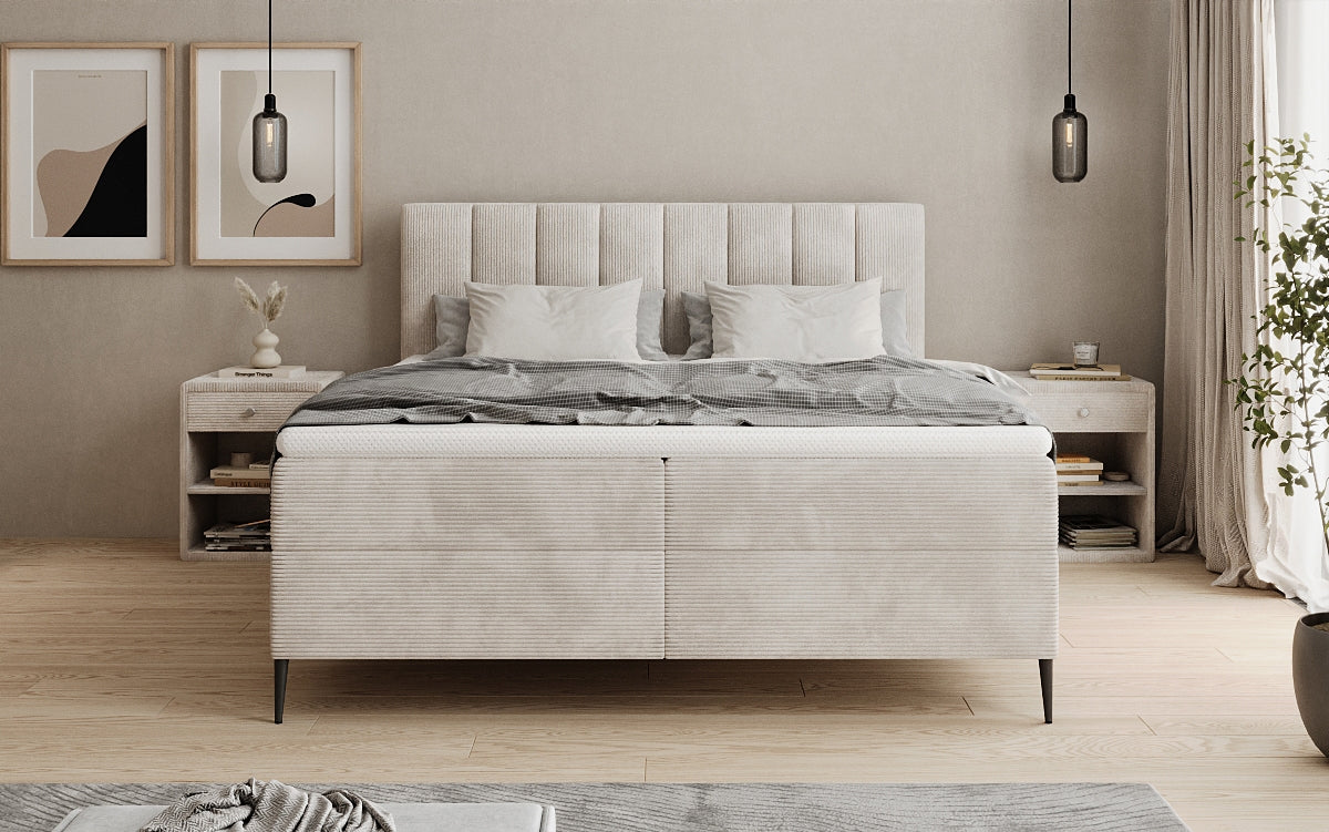 Lit boxspring Lucca en Côtelé avec rangement et pieds