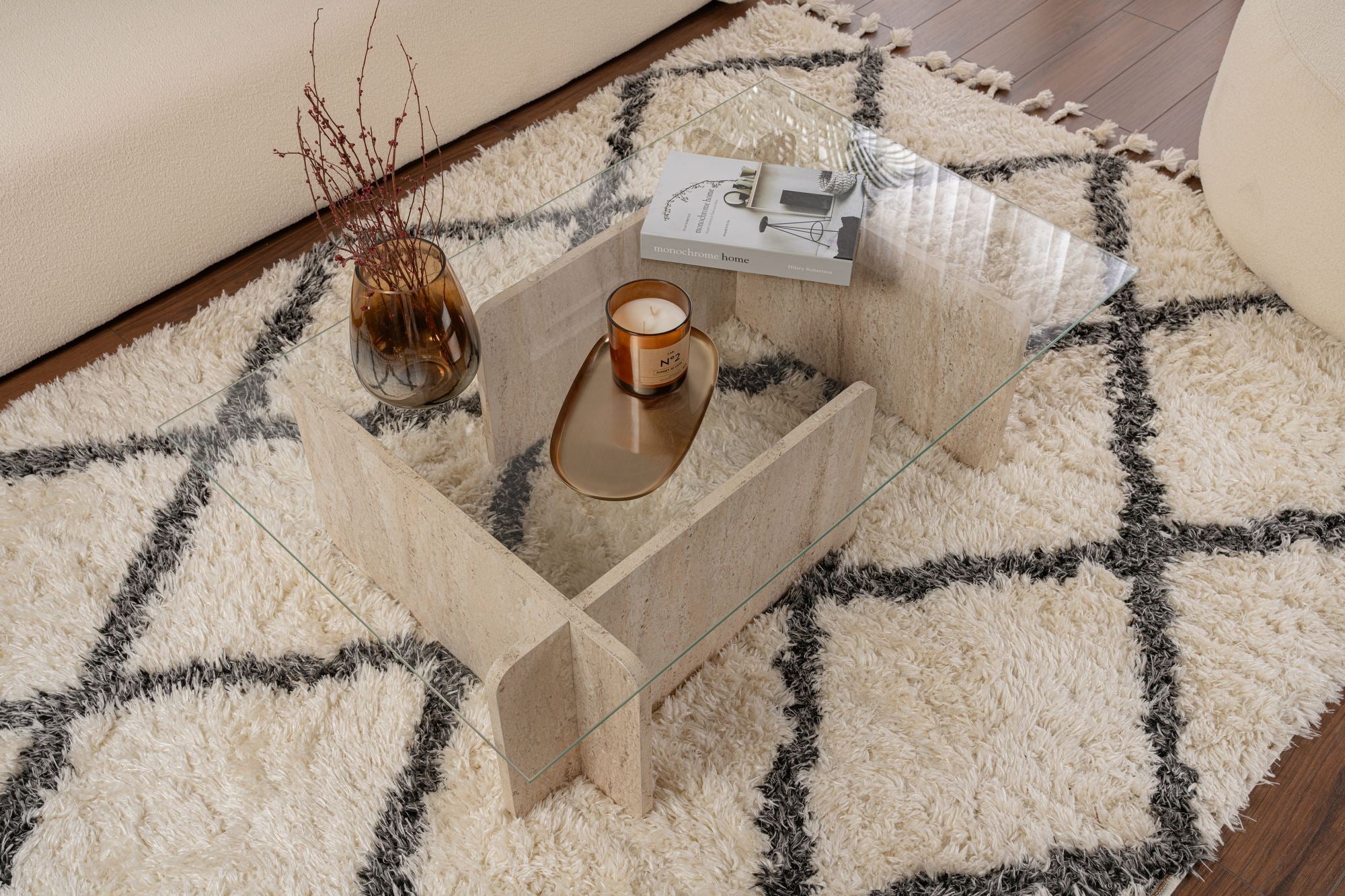 Table basse Fendro - avec plateau en verre rectangulaire et aspect pierre de travertin