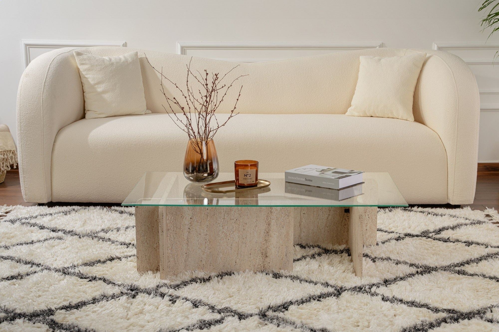 Table basse Fendro - avec plateau en verre rectangulaire et aspect pierre de travertin