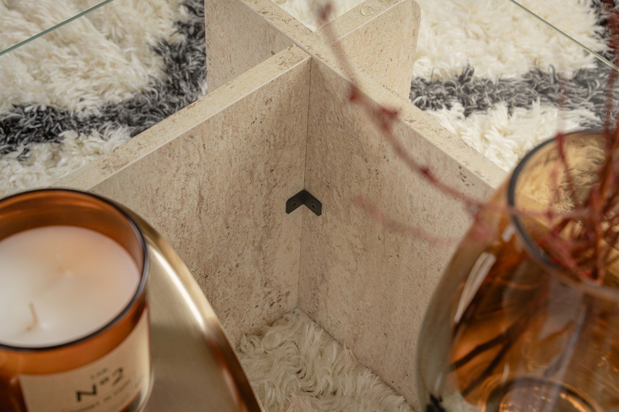 Table basse Fendro - avec plateau en verre rectangulaire et aspect pierre de travertin