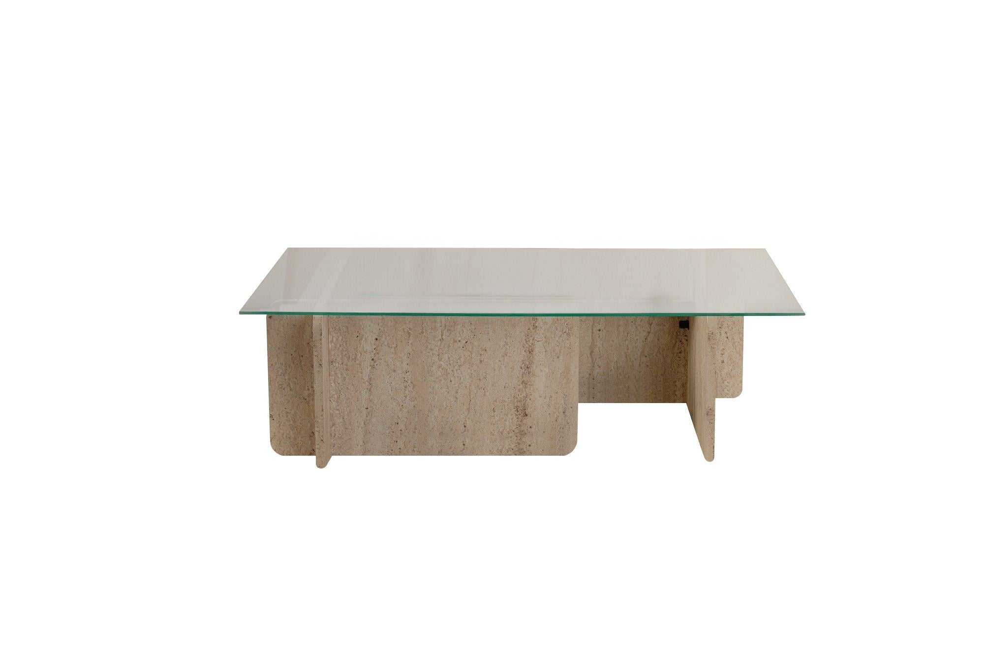 Table basse Fendro - avec plateau en verre rectangulaire et aspect pierre de travertin