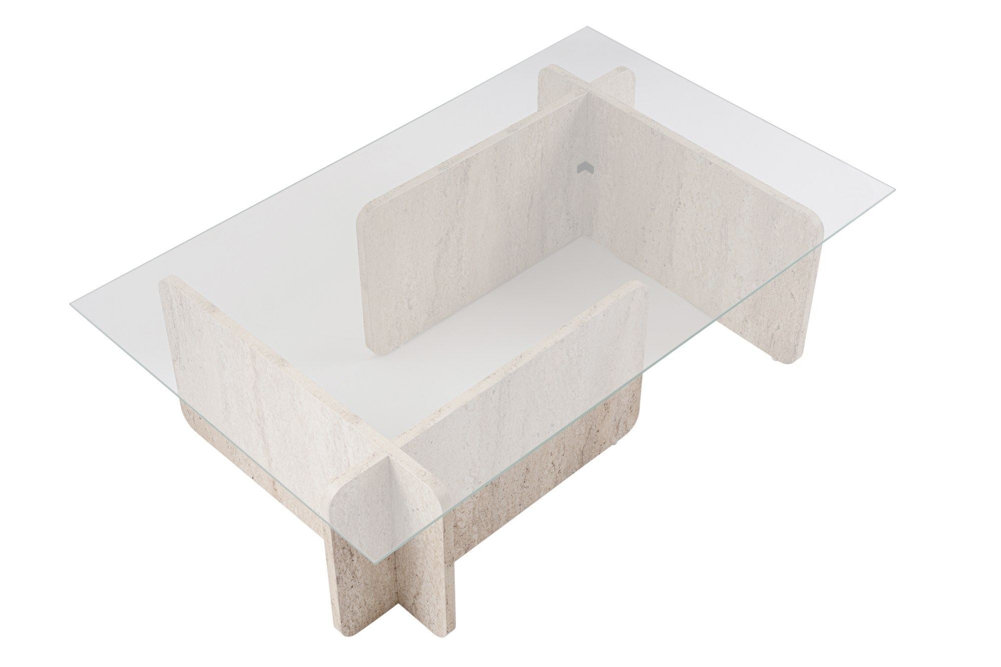 Table basse Fendro - avec plateau en verre rectangulaire et aspect pierre de travertin