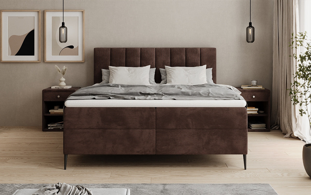 Lit boxspring Lucca en Côtelé avec rangement et pieds