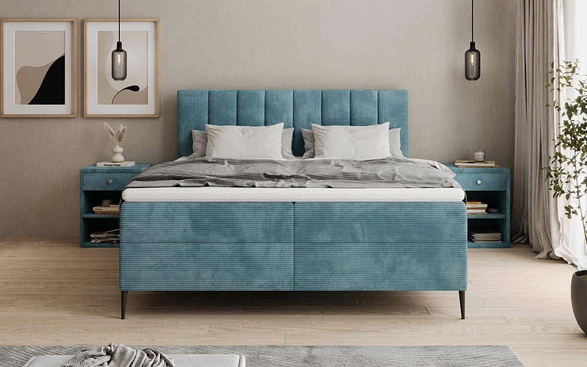 Lit boxspring Lucca en Côtelé avec rangement et pieds