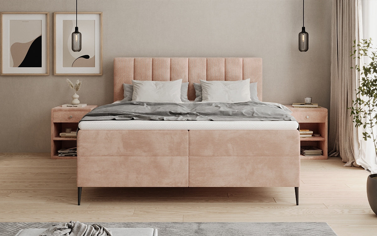 Lit boxspring Lucca en Côtelé avec rangement et pieds