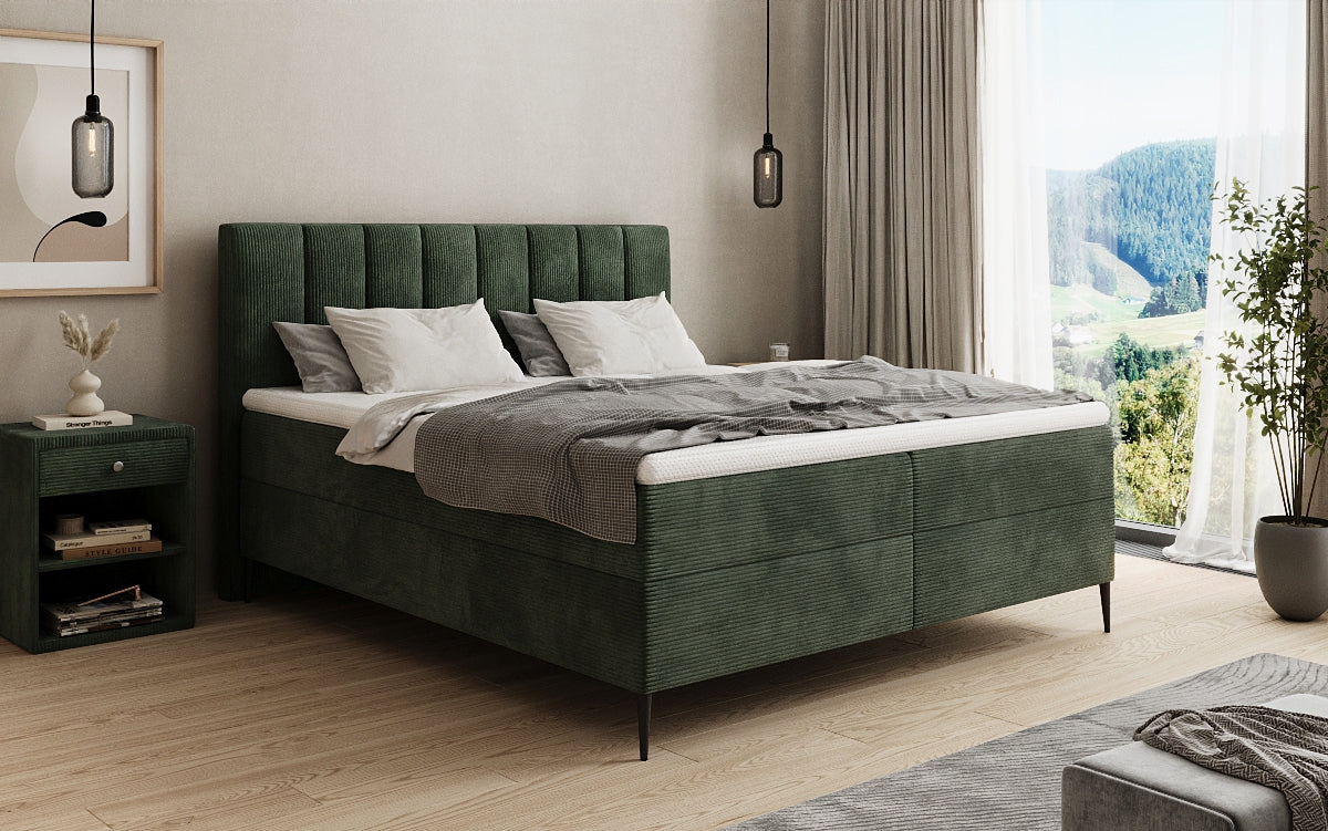 Lit boxspring Lucca en Côtelé avec rangement et pieds