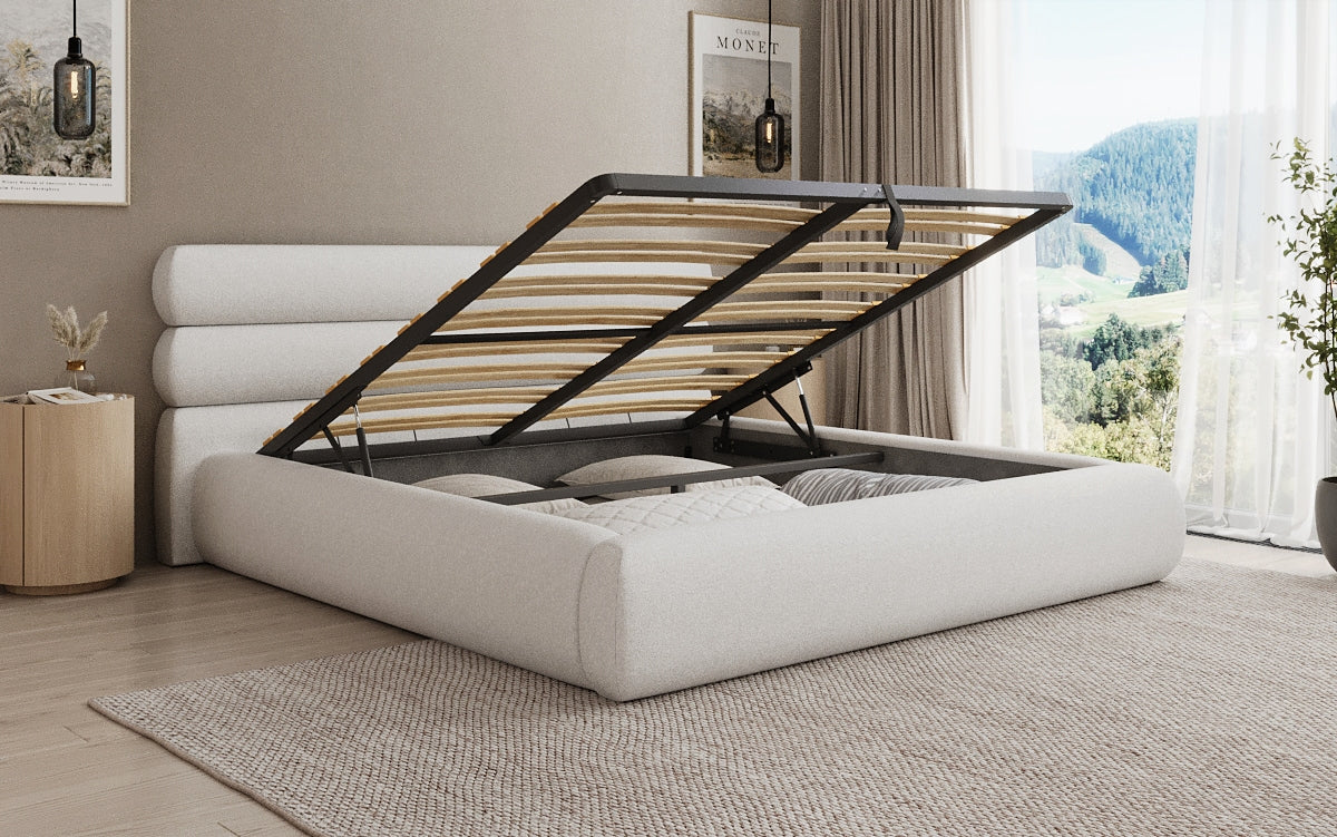 Lit rembourré design Joline en tissu structuré avec espace de rangement
