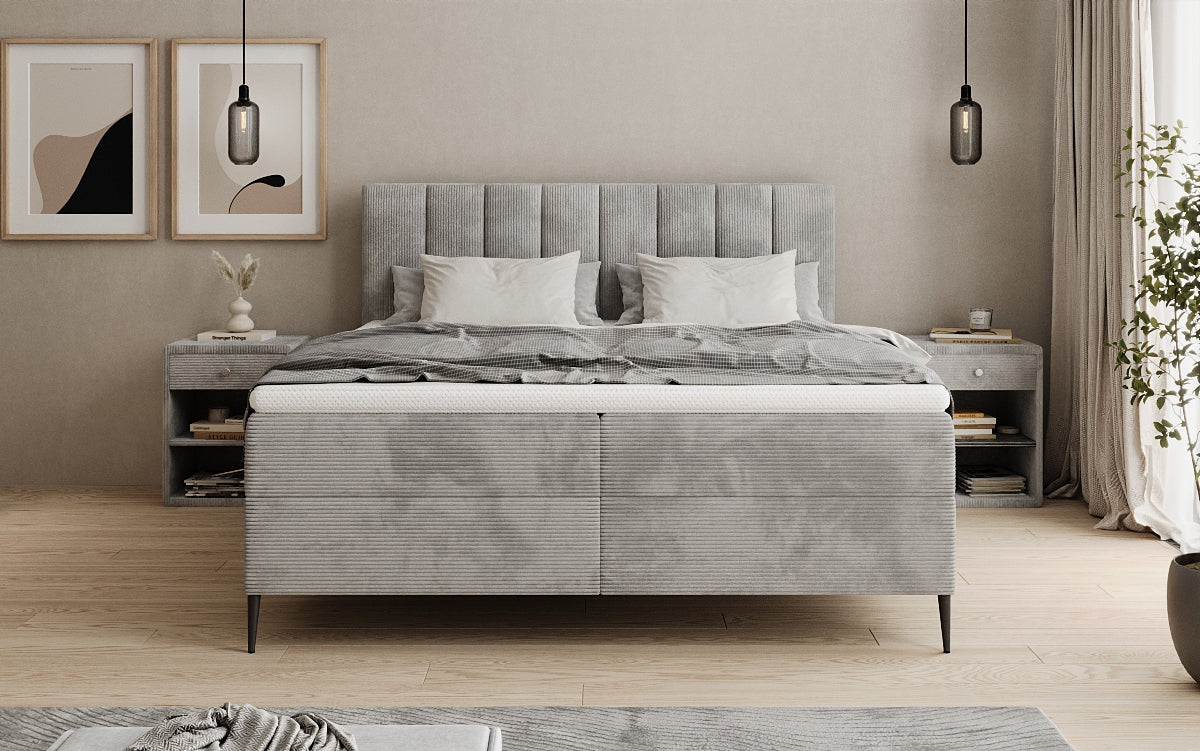 Lit boxspring Lucca en Côtelé avec rangement et pieds