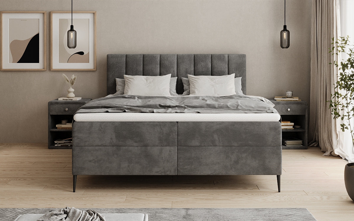 Lit boxspring Lucca en Côtelé avec rangement et pieds