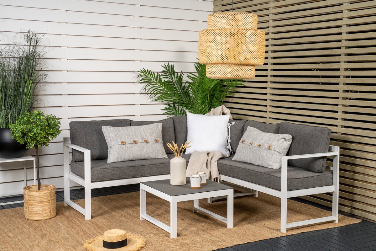 Ensemble lounge de jardin Tamara – en Gris avec plateau en verre pour terrasse et balcon