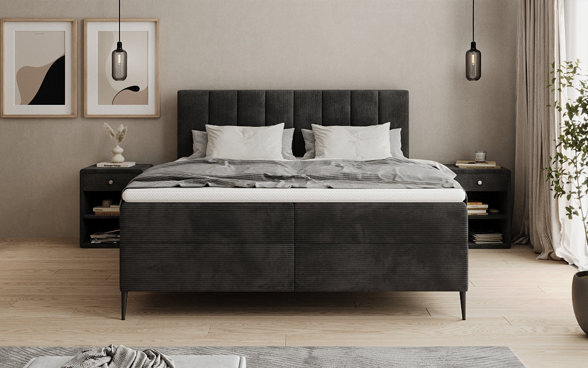 Lit boxspring Lucca en Côtelé avec rangement et pieds