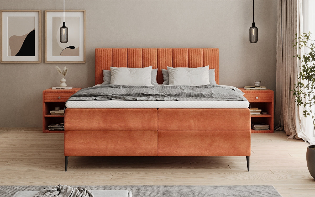 Lit boxspring Lucca en Côtelé avec rangement et pieds