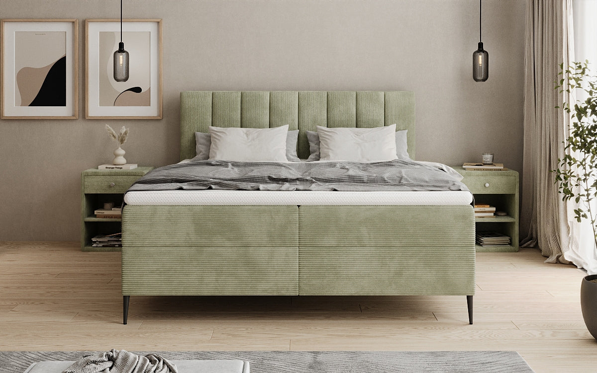 Lit boxspring Lucca en Côtelé avec rangement et pieds