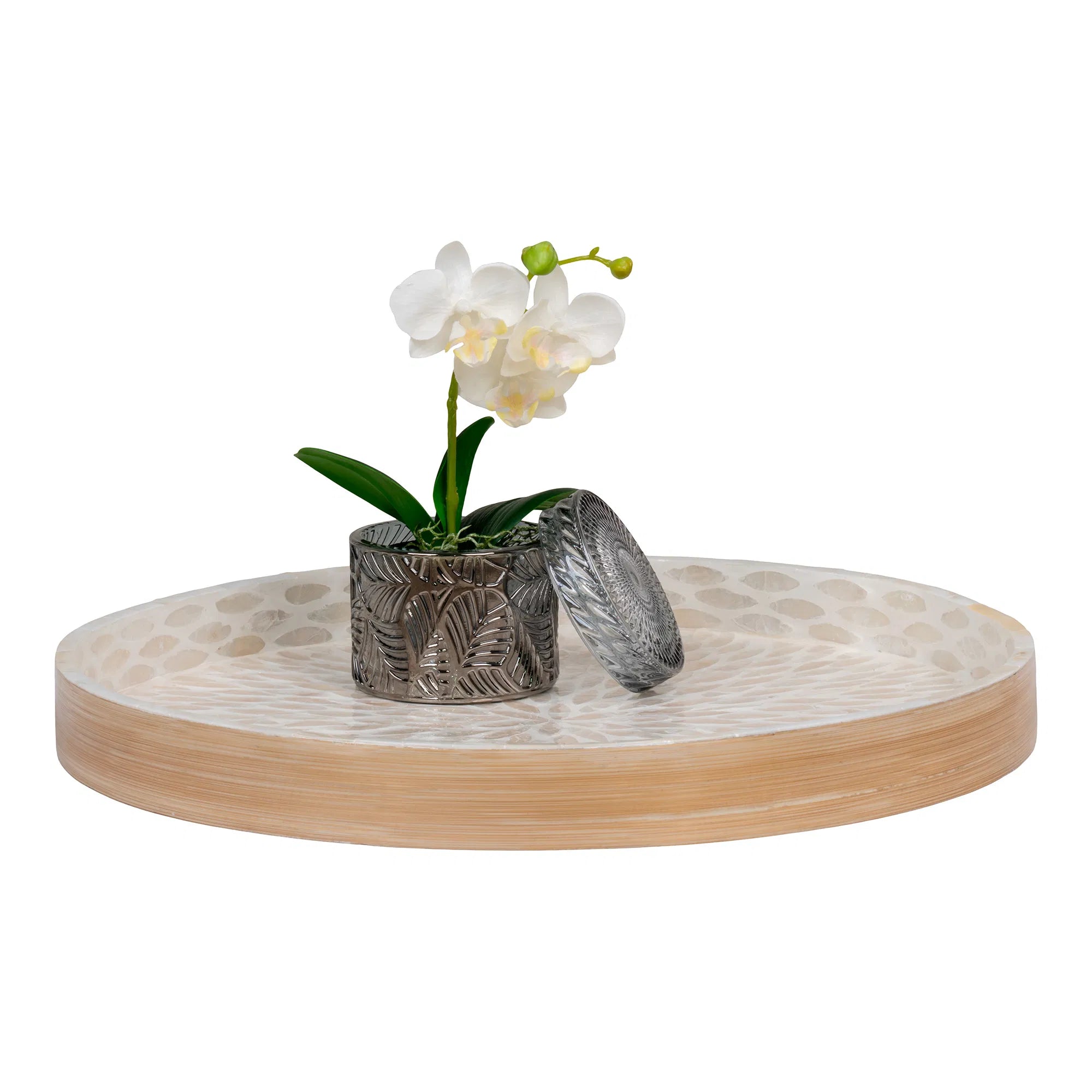 Plateau « Mavira » – Design rond en bambou avec surface en capiz