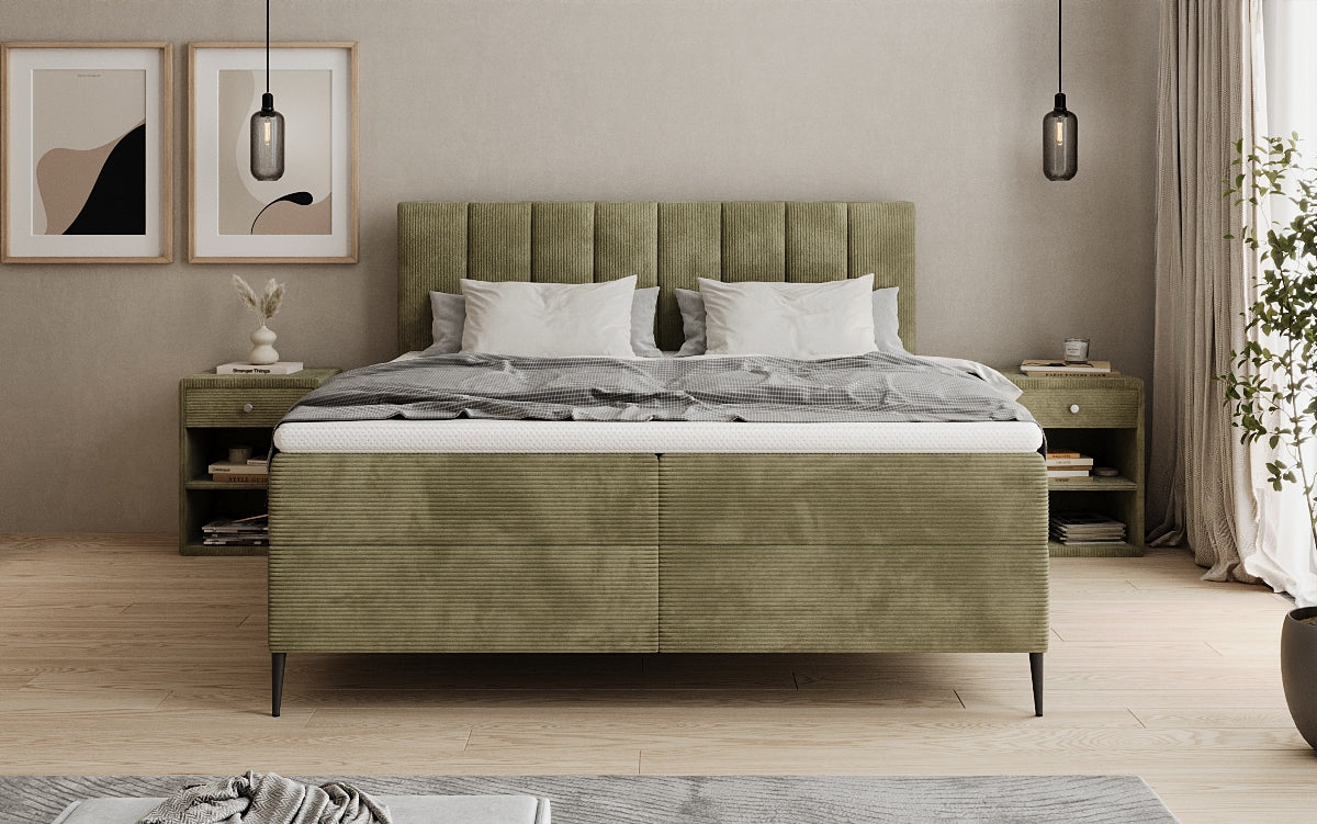 Lit boxspring Lucca en Côtelé avec rangement et pieds