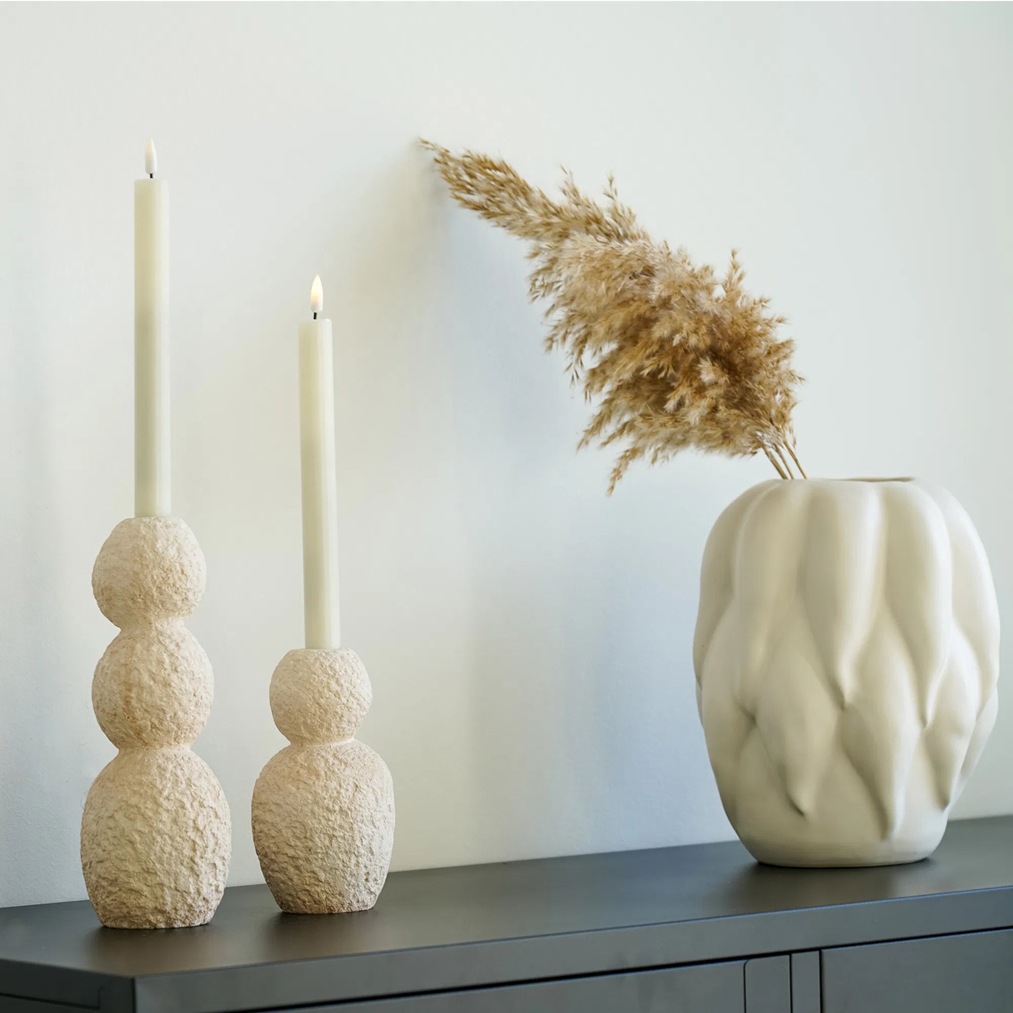 Ensemble de porte-bougies « Roccia Duo » – ciment en Beige
