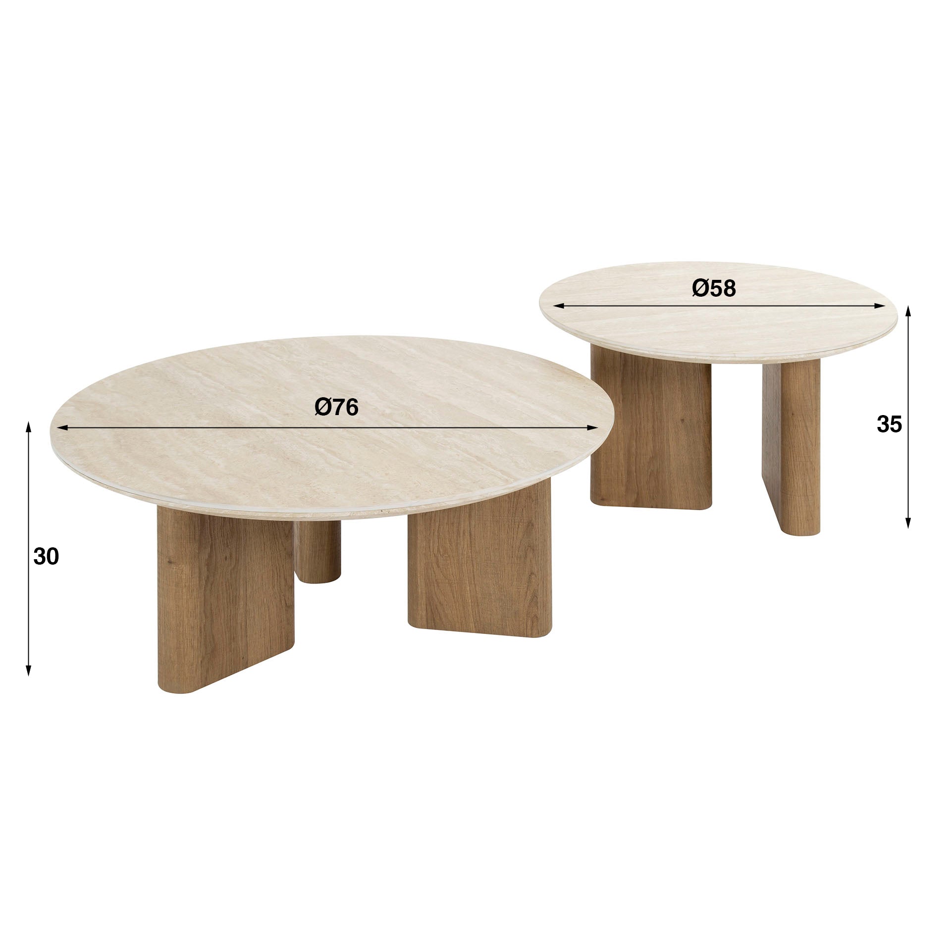 Table basse Tavira - lot de 2 avec plateau en céramique aspect travertin et forme ronde