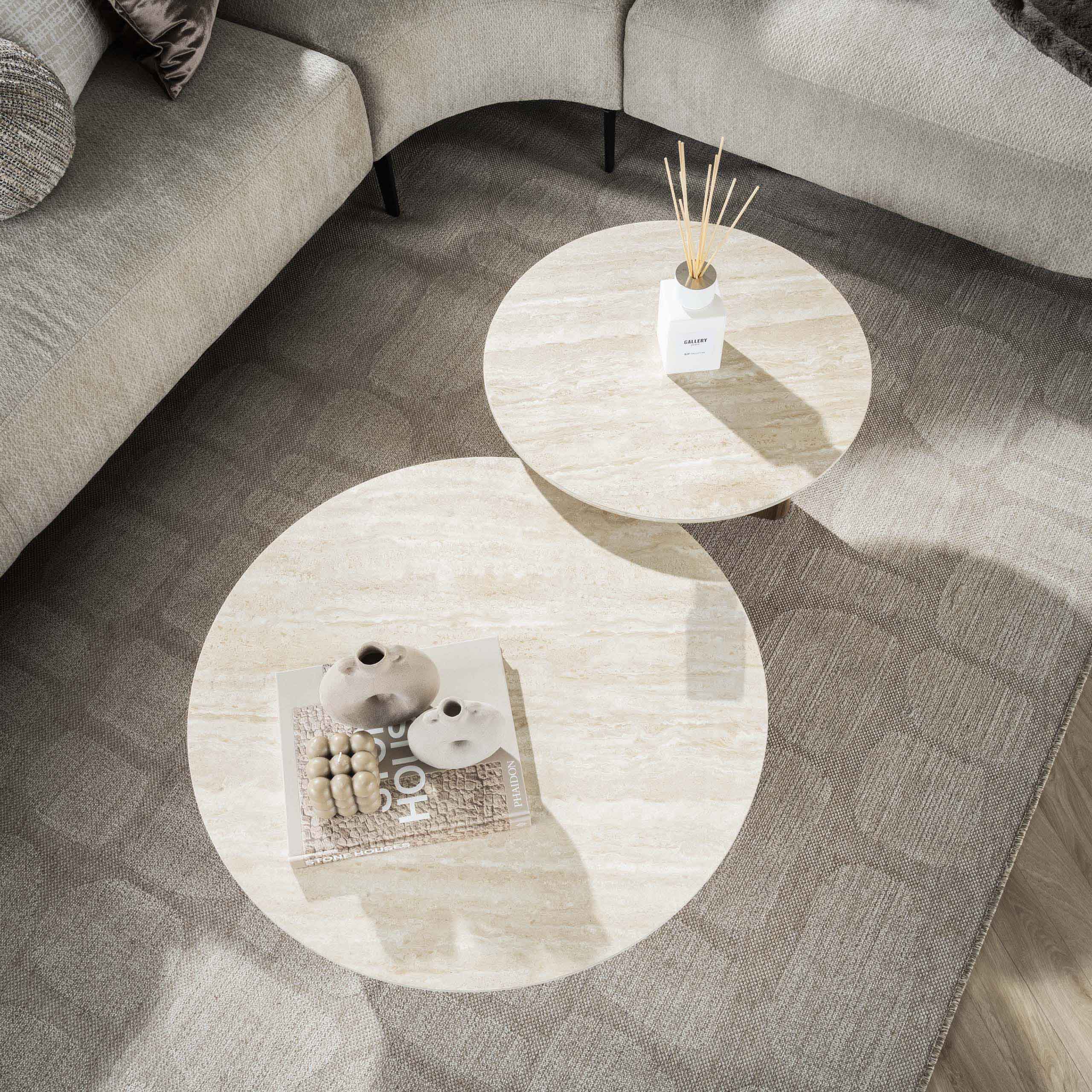 Table basse Tavira - lot de 2 avec plateau en céramique aspect travertin et forme ronde
