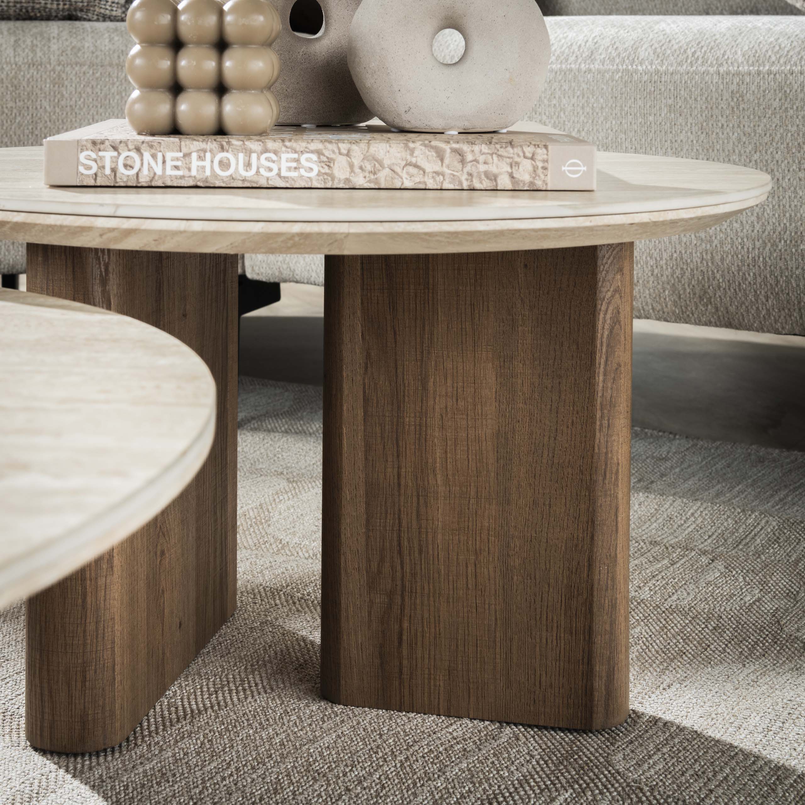 Table basse Tavira - lot de 2 avec plateau en céramique aspect travertin et forme ronde