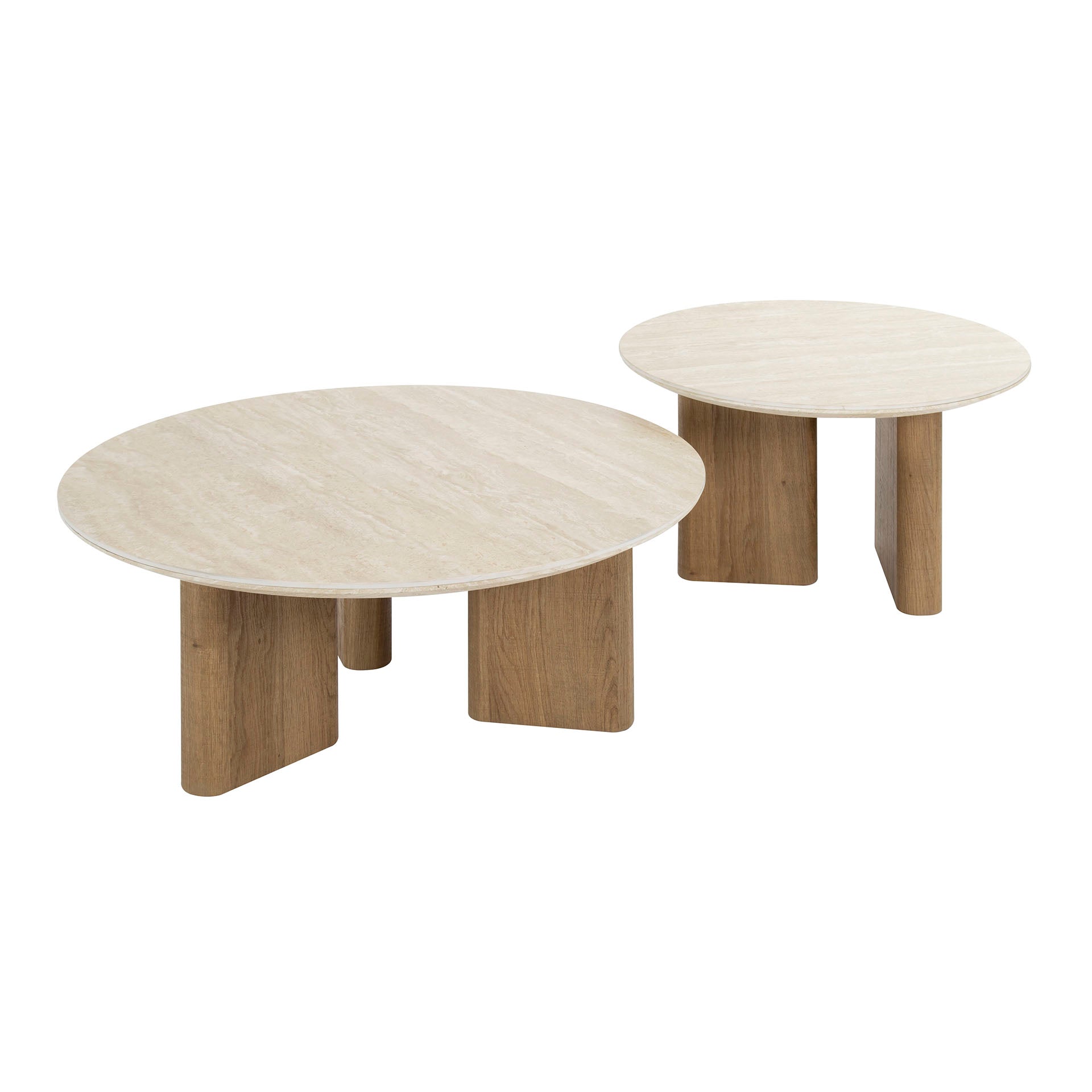 Table basse Tavira - lot de 2 avec plateau en céramique aspect travertin et forme ronde