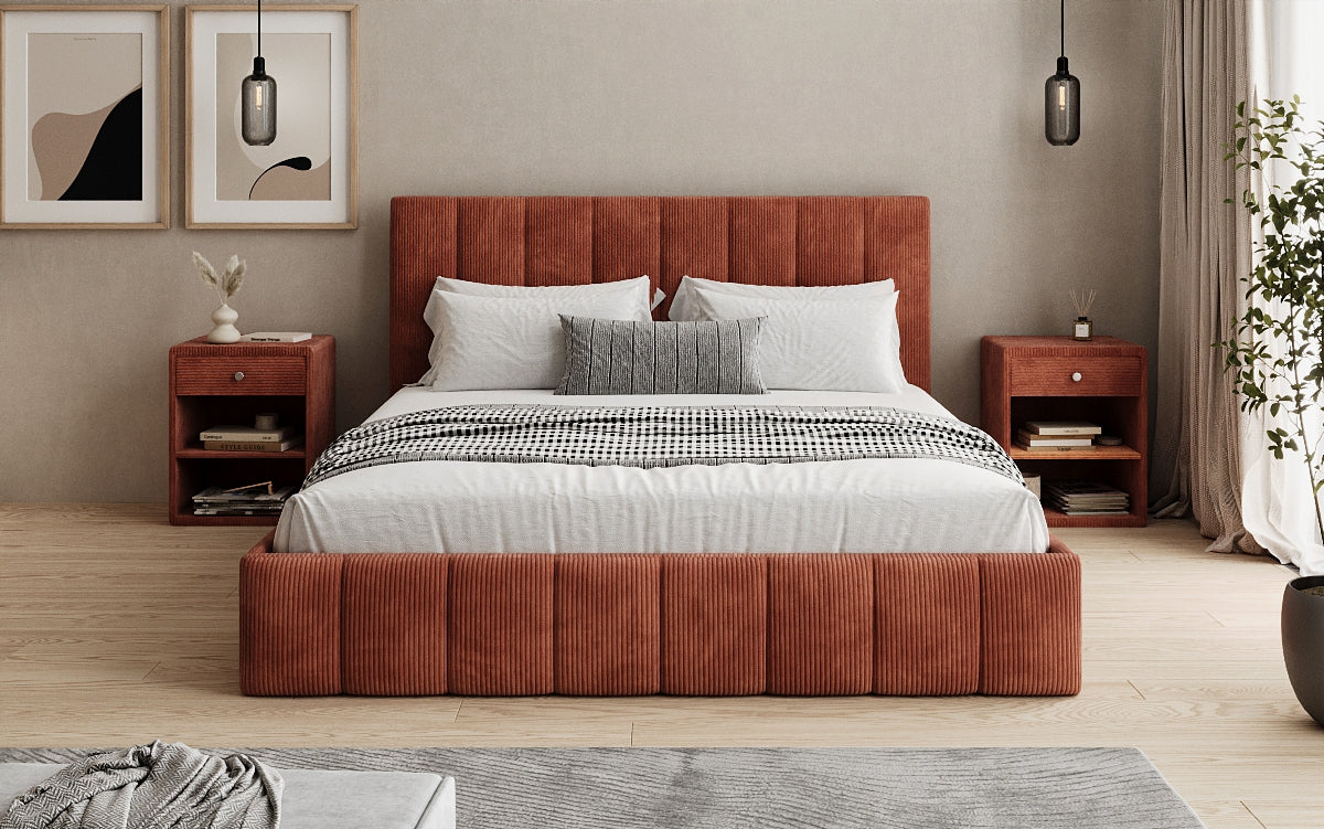 Lit rembourré design Mila en Côtelé avec espace de rangement