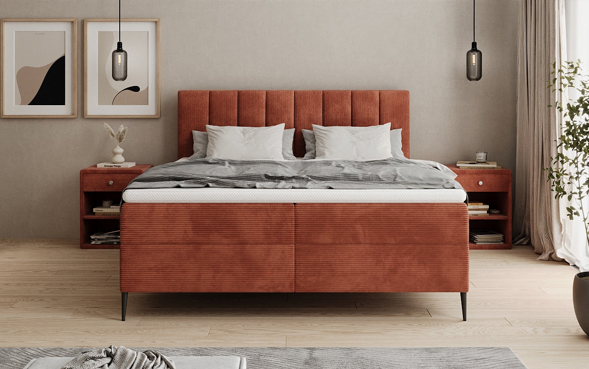 Lit boxspring Lucca en Côtelé avec rangement et pieds