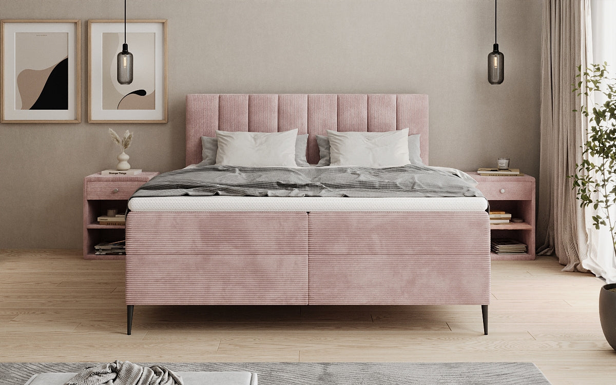 Lit boxspring Lucca en Côtelé avec rangement et pieds