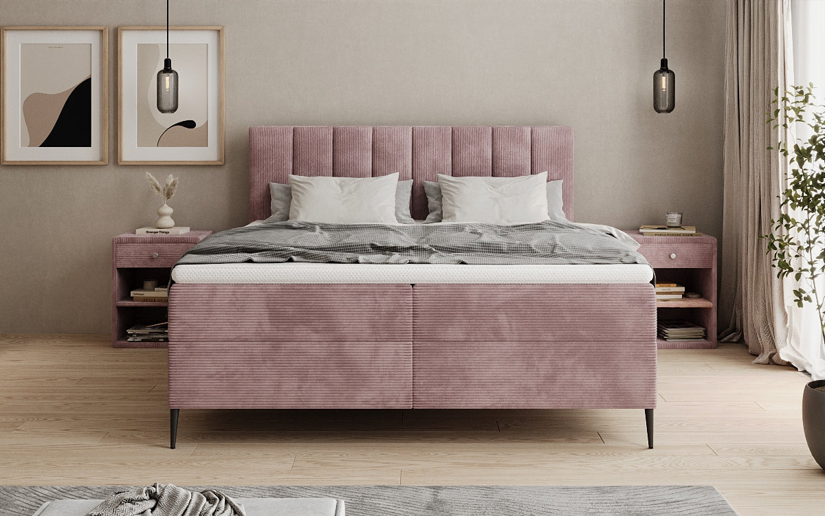 Lit boxspring Lucca en Côtelé avec rangement et pieds