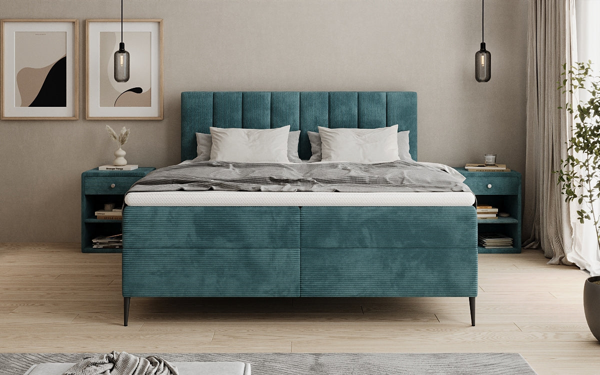 Lit boxspring Lucca en Côtelé avec rangement et pieds