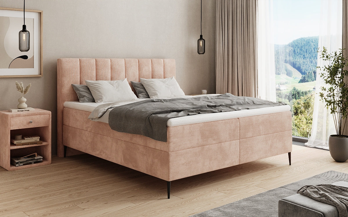 Lit boxspring Lucca en Côtelé avec rangement et pieds