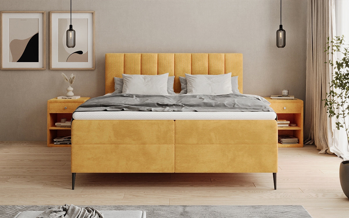 Lit boxspring Lucca en Côtelé avec rangement et pieds