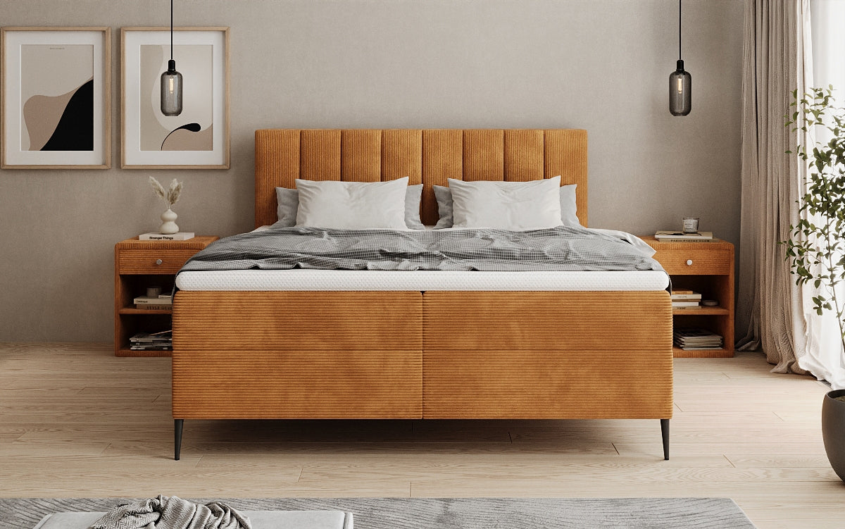 Lit boxspring Lucca en Côtelé avec rangement et pieds