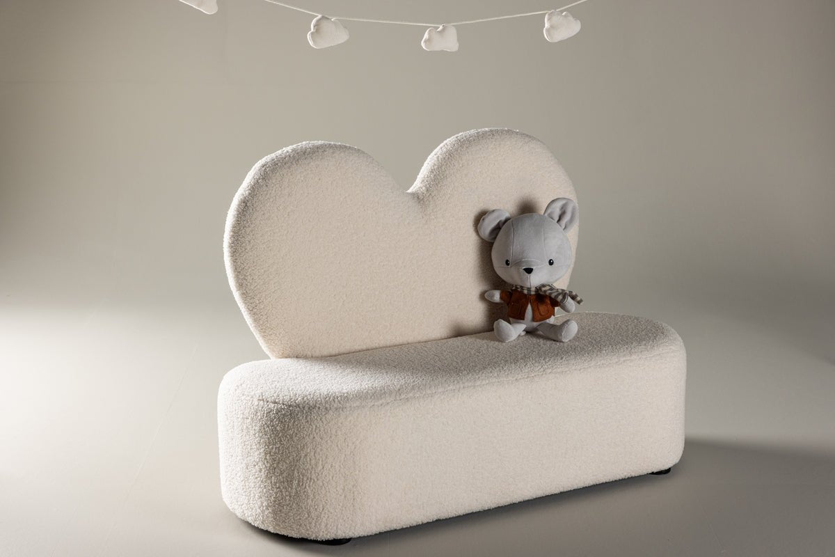 Kindersofa Miela – Herzförmiger 2-Sitzer in Weiß mit Teddybezug