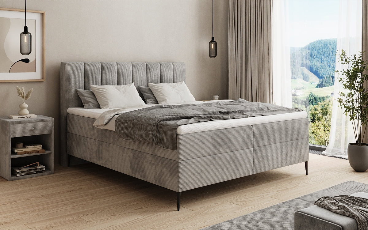 Lit boxspring Lucca en Côtelé avec rangement et pieds