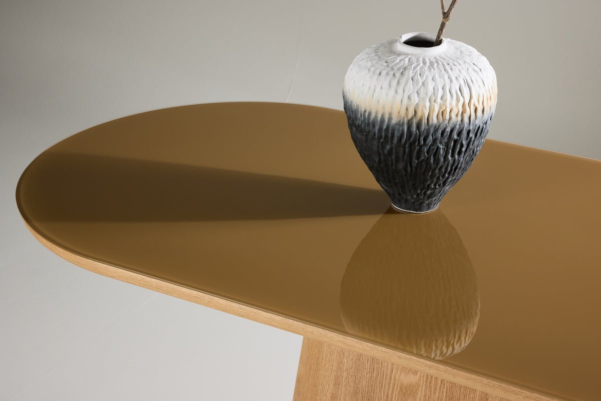 Table à manger Trianda - table à manger ovale en aspect naturel avec plateau en verre