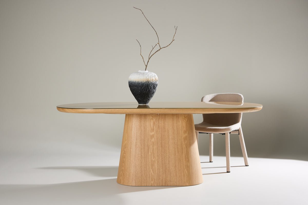 Table à manger Trianda - table à manger ovale en aspect naturel avec plateau en verre