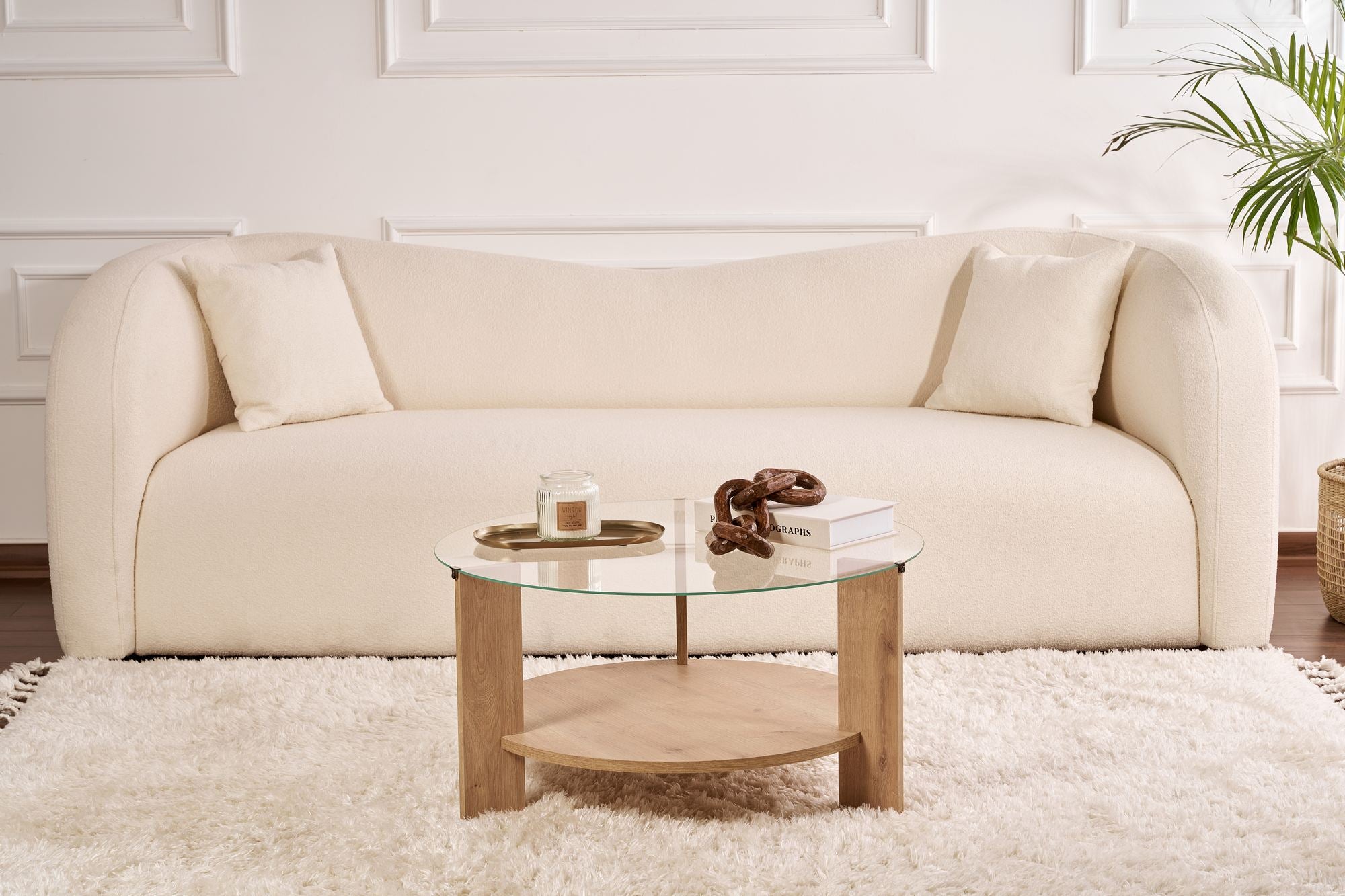 Table basse Davira - avec plateau en verre rond et aspect bois
