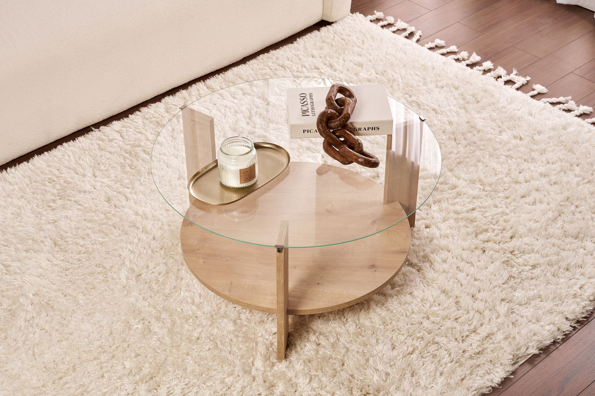 Table basse Davira - avec plateau en verre rond et aspect bois