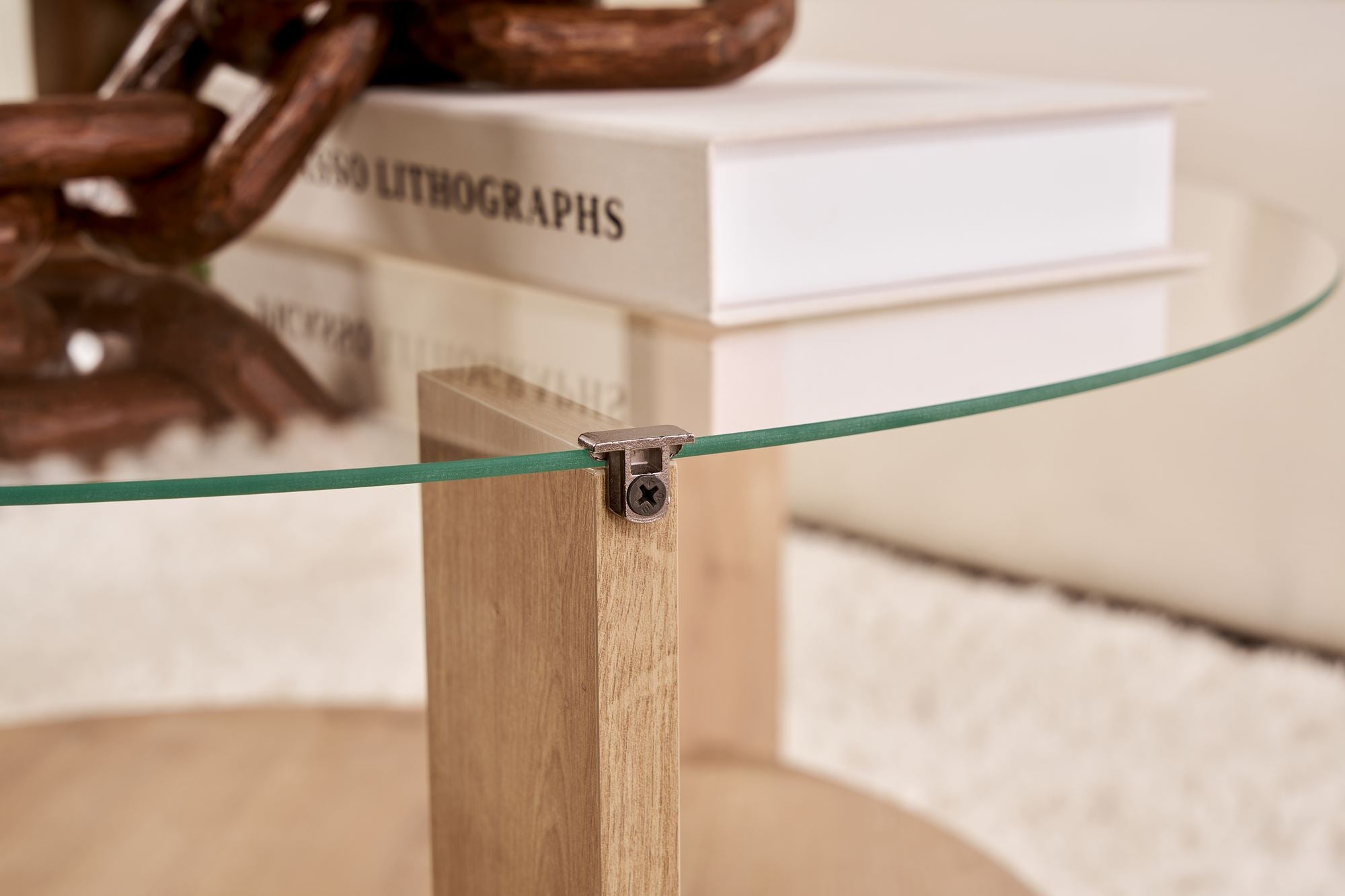 Table basse Davira - avec plateau en verre rond et aspect bois