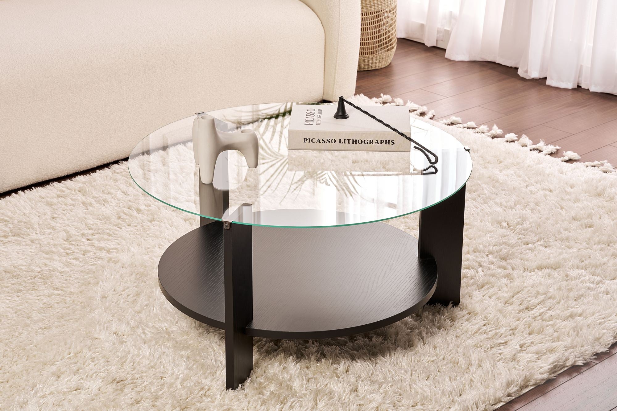 Table basse Davira - avec plateau en verre rond et aspect bois