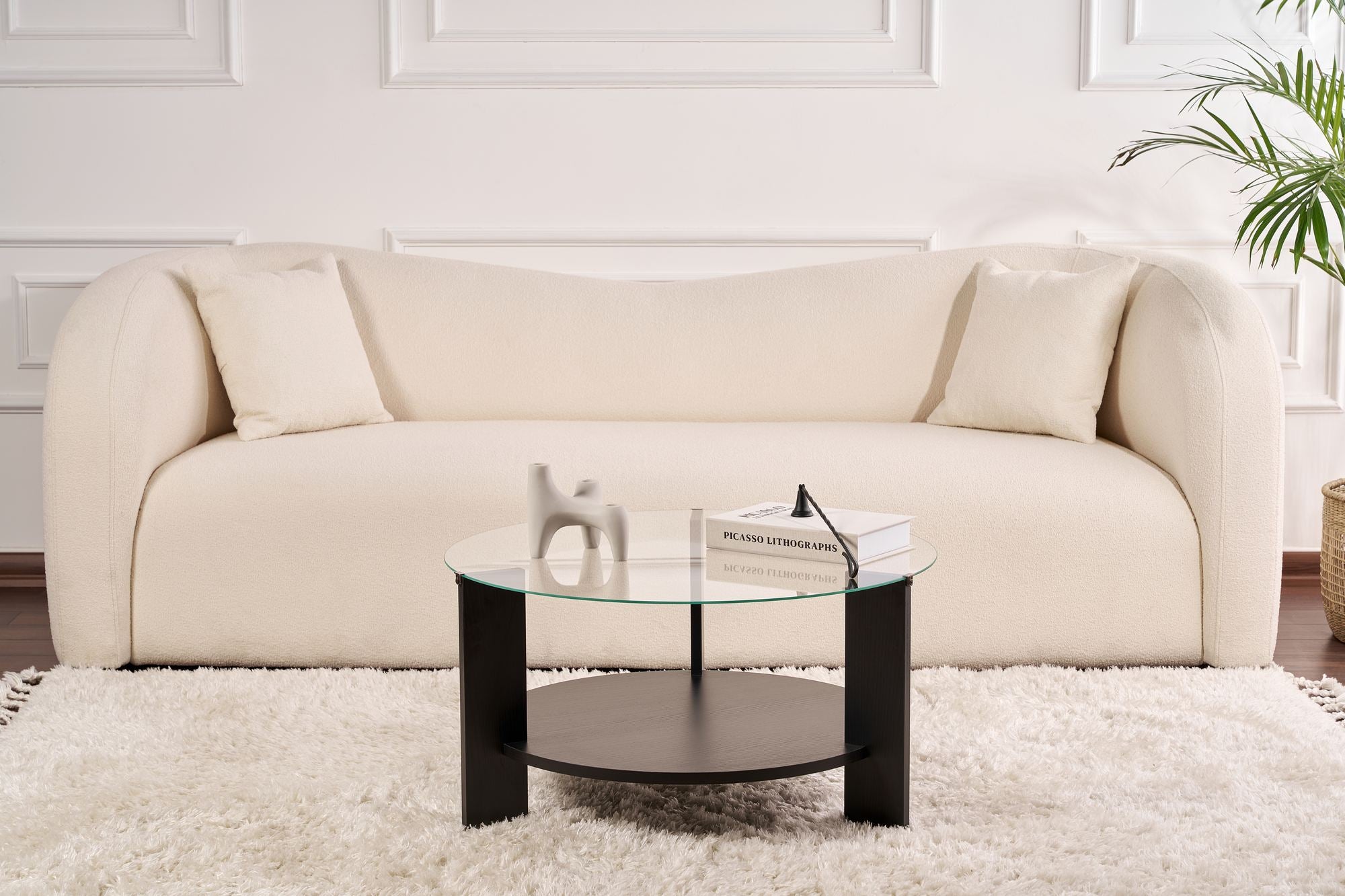 Table basse Davira - avec plateau en verre rond et aspect bois