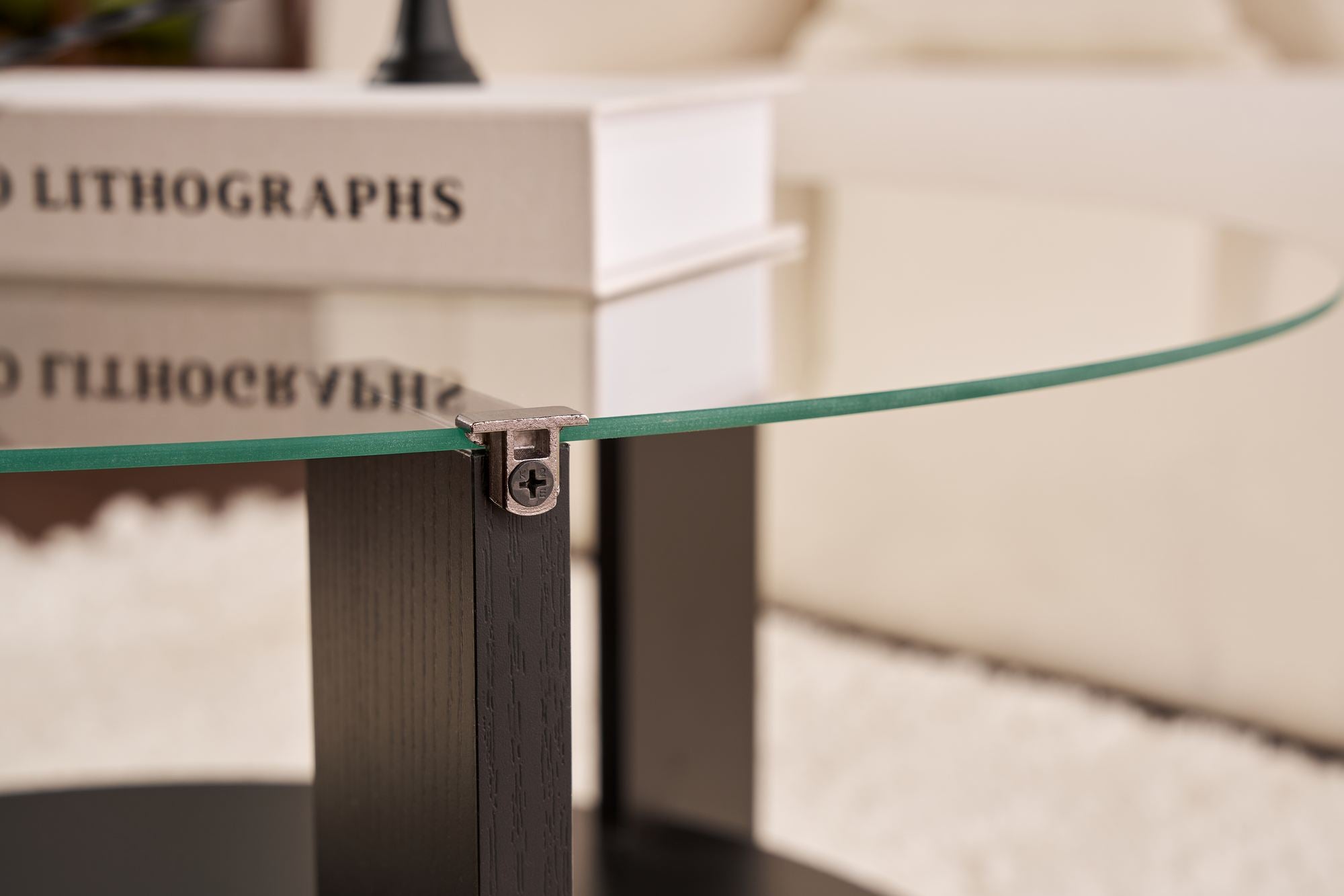 Table basse Davira - avec plateau en verre rond et aspect bois