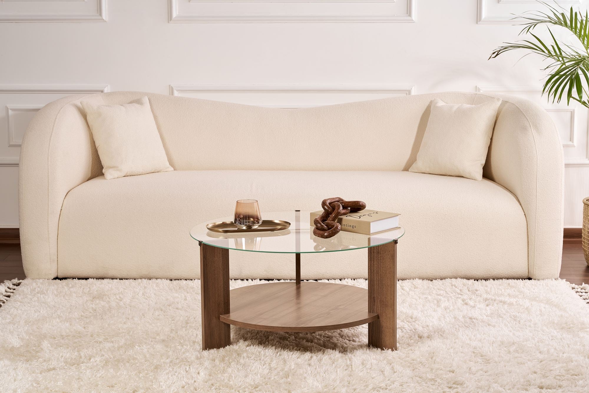 Table basse Davira - avec plateau en verre rond et aspect bois