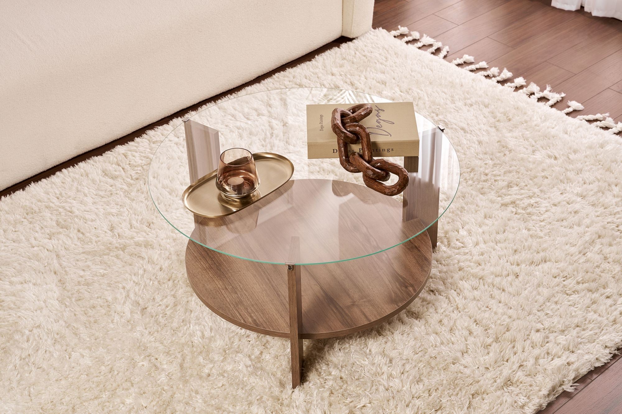 Table basse Davira - avec plateau en verre rond et aspect bois
