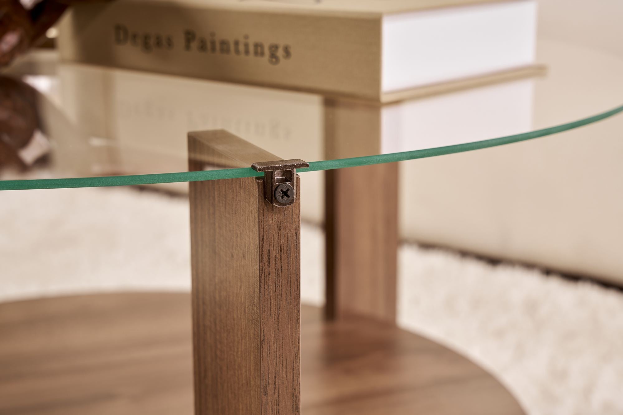 Table basse Davira - avec plateau en verre rond et aspect bois